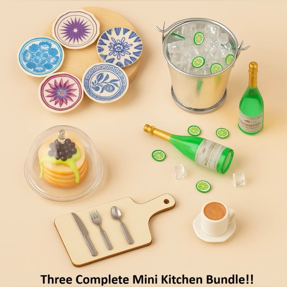 Dollhouse Miniature Kitchen & Dining Bundle Plates, Pancakes & Coffee, Champagne